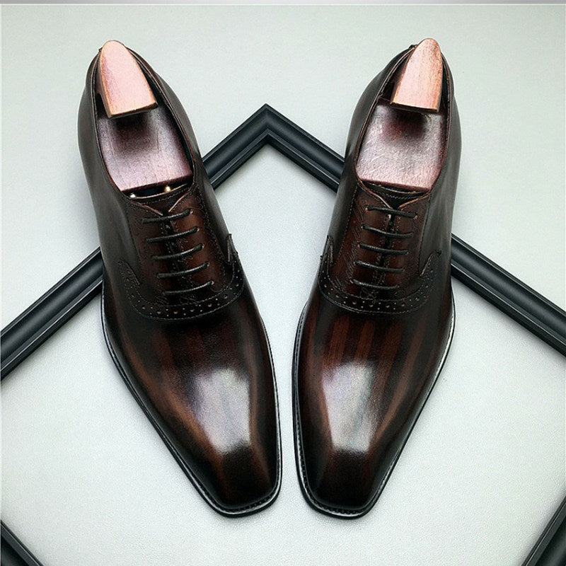 Men's Dark Burgundy Brown Burnished Brogue Oxford Dress Shoes | Luxury Square Toe Leather Lace-Up Formal Shoes