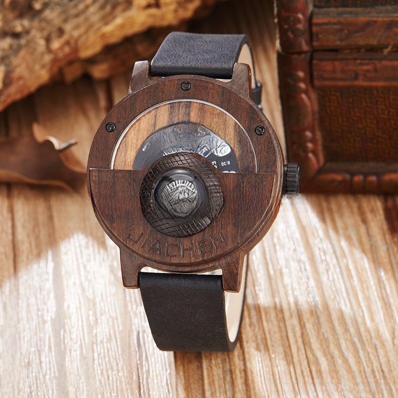 Mens Wooden Watch with Built In Compass Unique Turntable Dial Natural Wood Bracelet Quartz Wristwatch Handcrafted Gift for Men