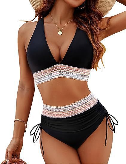 Black Chevron Crochet Panel Halter Bikini Set | Deep V Top & High Waist Drawstring Ruched Bottoms | Boho Tummy Control Two Piece Swimsuit Women