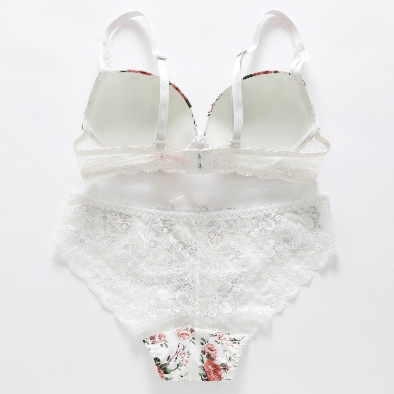 Women's Black Floral Rose Print Push-Up Bra & Panty Set ? Sexy 2-Piece Lace Trim Matching Lingerie Set