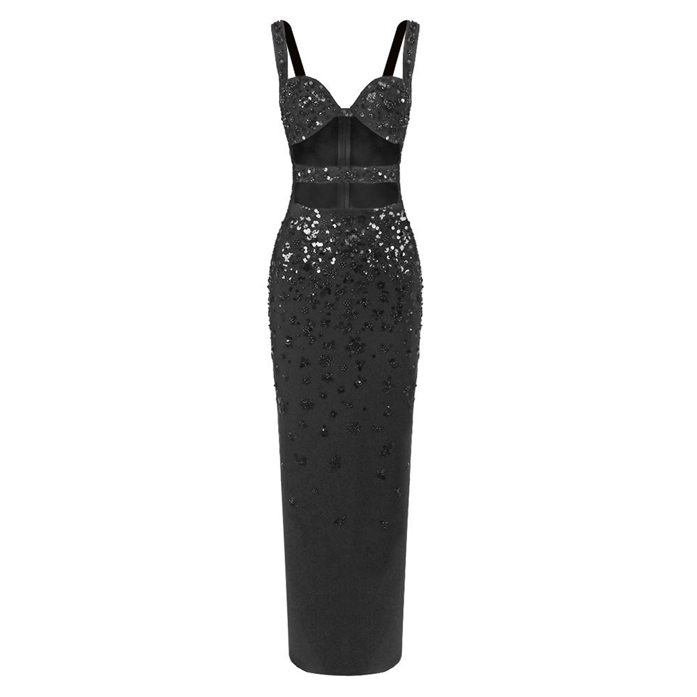 Women's Black Beaded Crystal Two-Piece Set | Embellished Crop Bra Top & Midi Skirt | Party Club Outfit