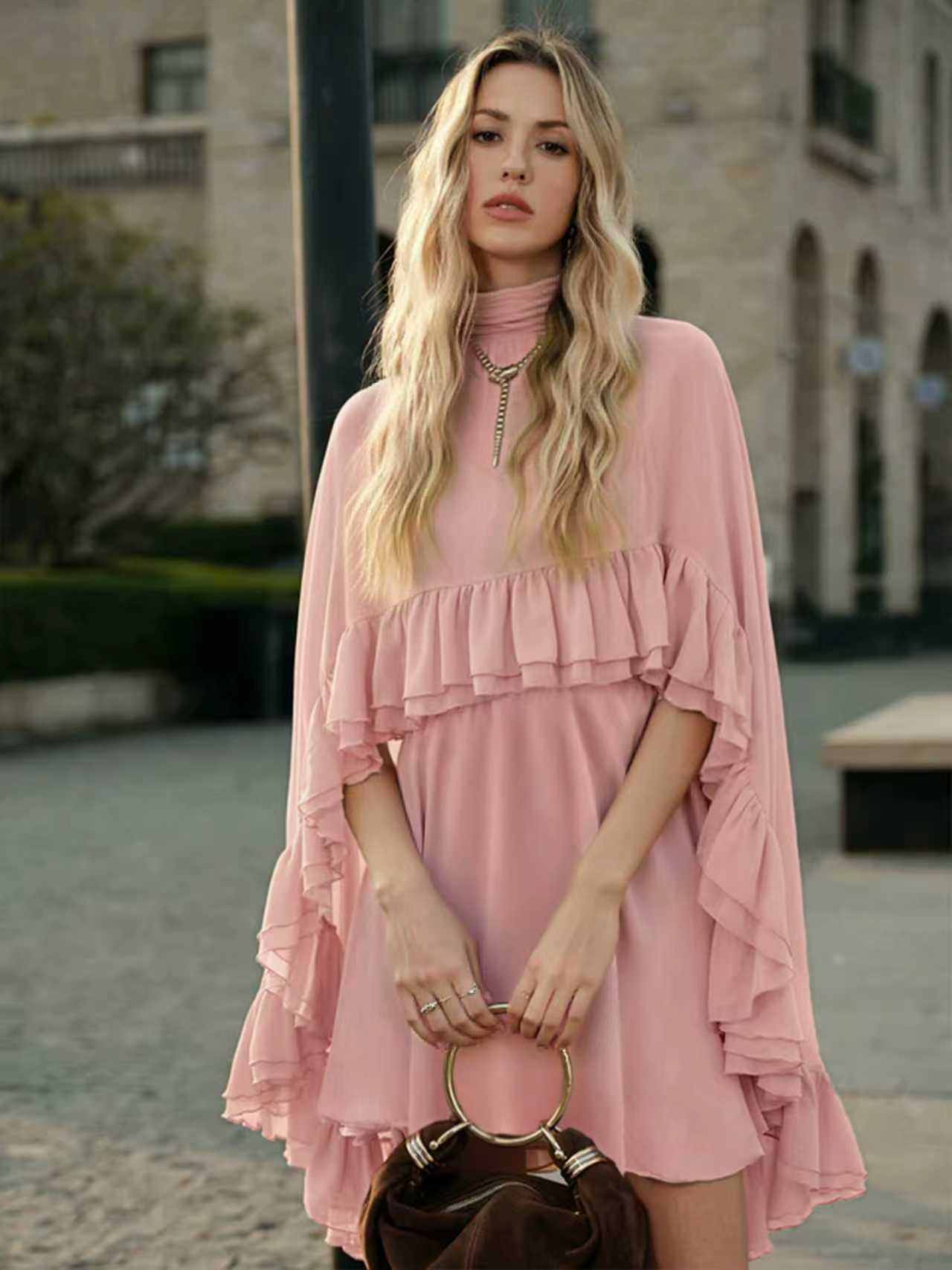 Brown Chiffon Ruffle Mini Dress | Mock Neck Long Sleeve Tiered Ruffle Flowy Short Dress for Women