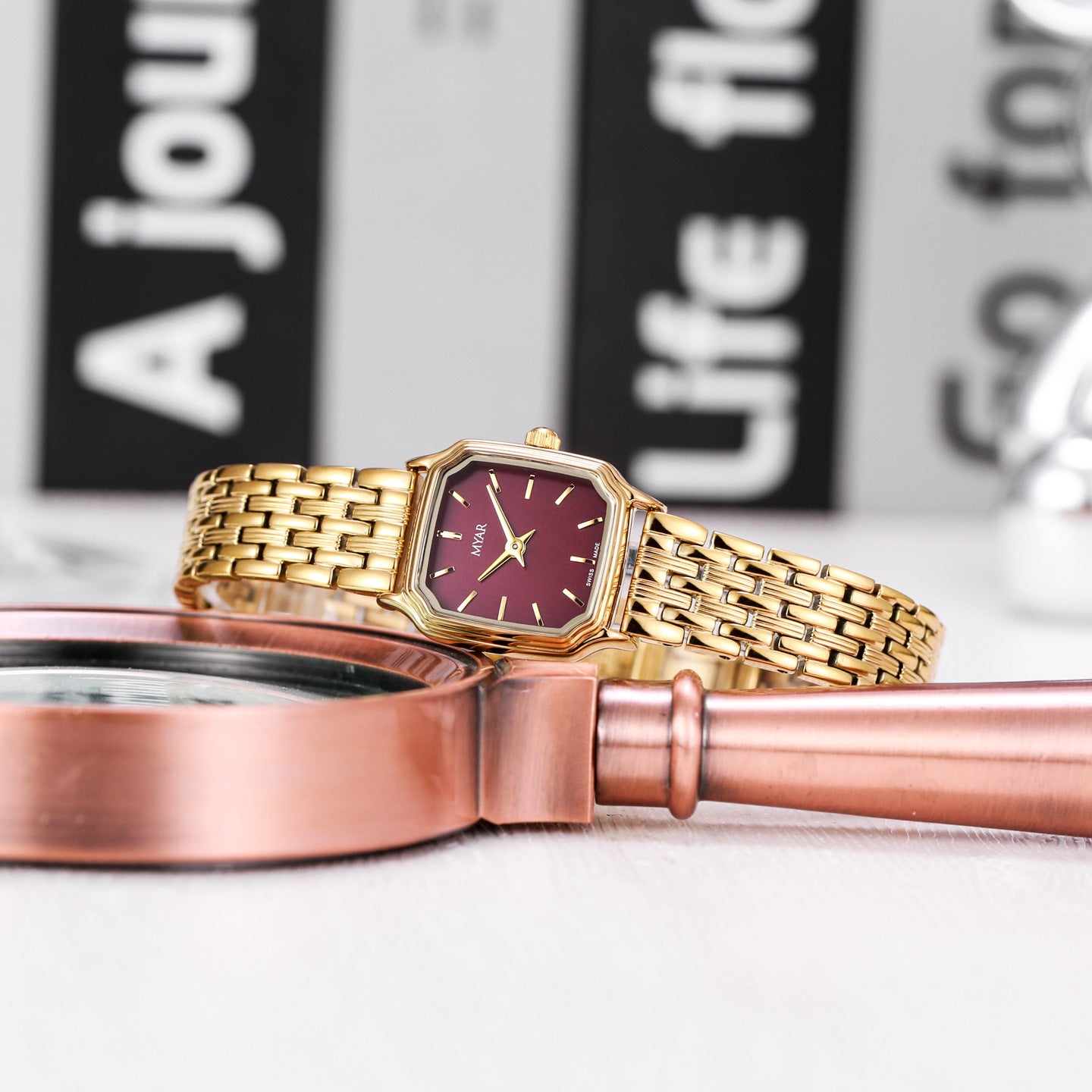 MYAR Swiss Made Women's Watch | Burgundy Red Dial | Gold Square Case | Luxury Panther Link Bracelet | Ladies Elegant Dress Watch | UAE