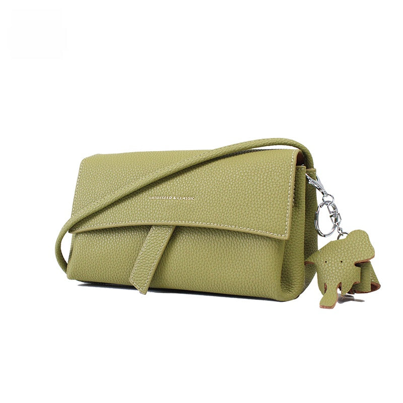 Beige Pebbled Leather Crossbody Bag - Soft Slouchy Shoulder Bag with Dog Charm | Minimalist Wide Strap Purse