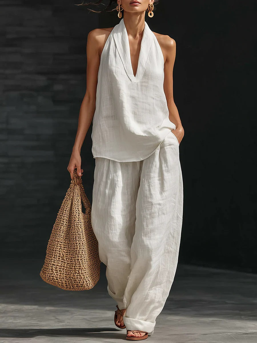 Women's 2 Piece Linen Halter Neck Top & Wide Leg Pants Set | Casual Boho Summer Co-Ord Outfit | Beach Vacation Loungewear | Burgundy
