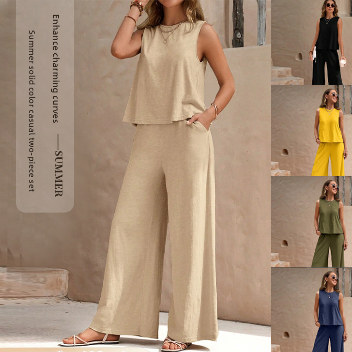 Women's 2-Piece Sleeveless Top & Wide Leg Pants Set | Linen Style Casual Summer Co-ord Outfit | Multiple Colors