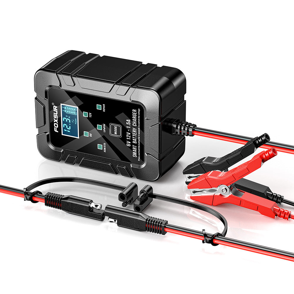 FOXSUR 6V 12V 1.5A Smart Battery Charger | AGM LiFePO4 Repair Mode LCD Display | Automatic Car Motorcycle Battery Maintainer
