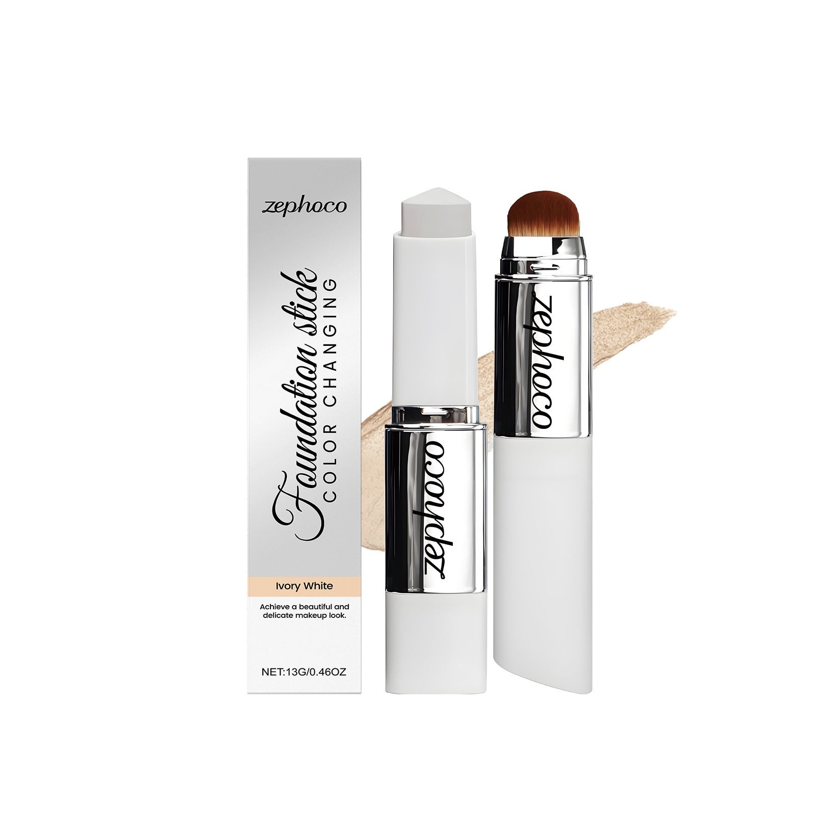 Zephoco Color Changing Foundation Stick Ivory White | 13g Shade Adapting Skin Tone Matching Foundation Stick with Built-In Brush | Full Coverage Flawless Complexion Makeup Stick for All Skin Types