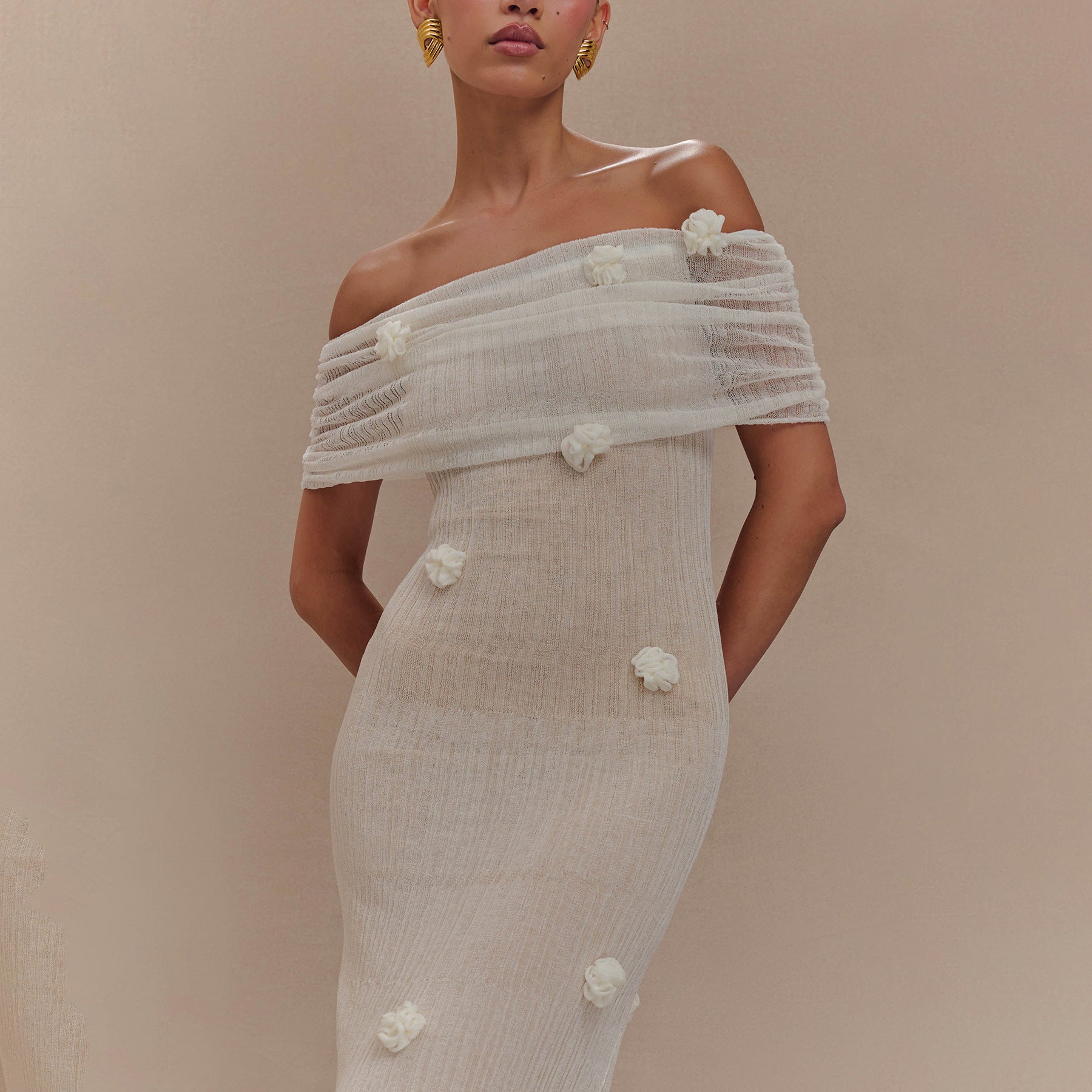 White Off-Shoulder Pleated Maxi Dress | 3D Floral Appliqu� Bridal Gown | Women's Luxury Formal Evening Dress