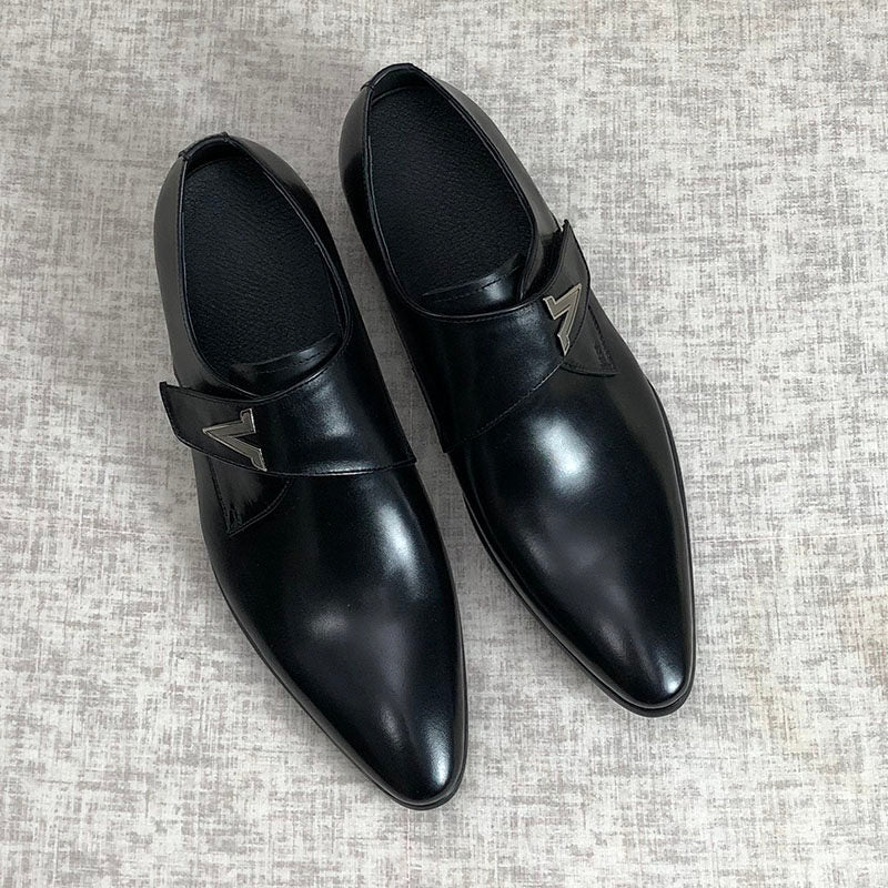Men's Black Leather Single Monk Strap Dress Shoes | V-Logo Metal Buckle Formal Oxford