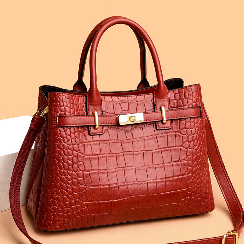 Black Crocodile Embossed Leather Tote Bag Gold Turn Lock Top Handle Crossbody Strap | Women Luxury Birkin Style Structured Handbag Office Shoulder Purse