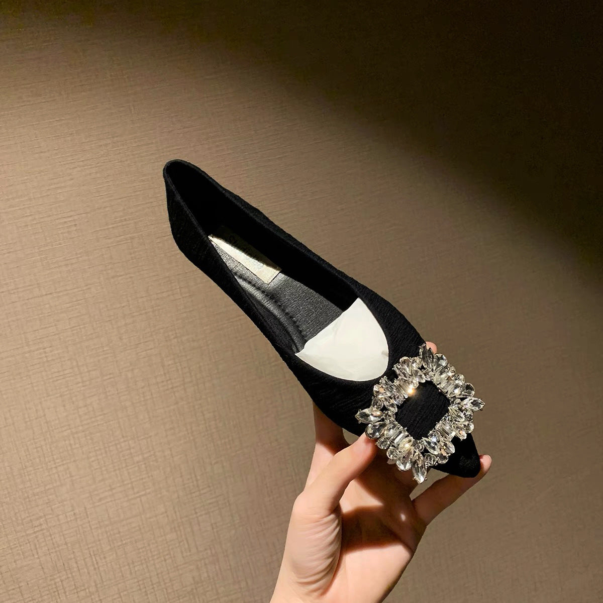 Black Suede Pointed Toe Crystal Brooch Flat Pumps | Rhinestone Square Buckle Embellished Slip-On Ballet Flats for Women
