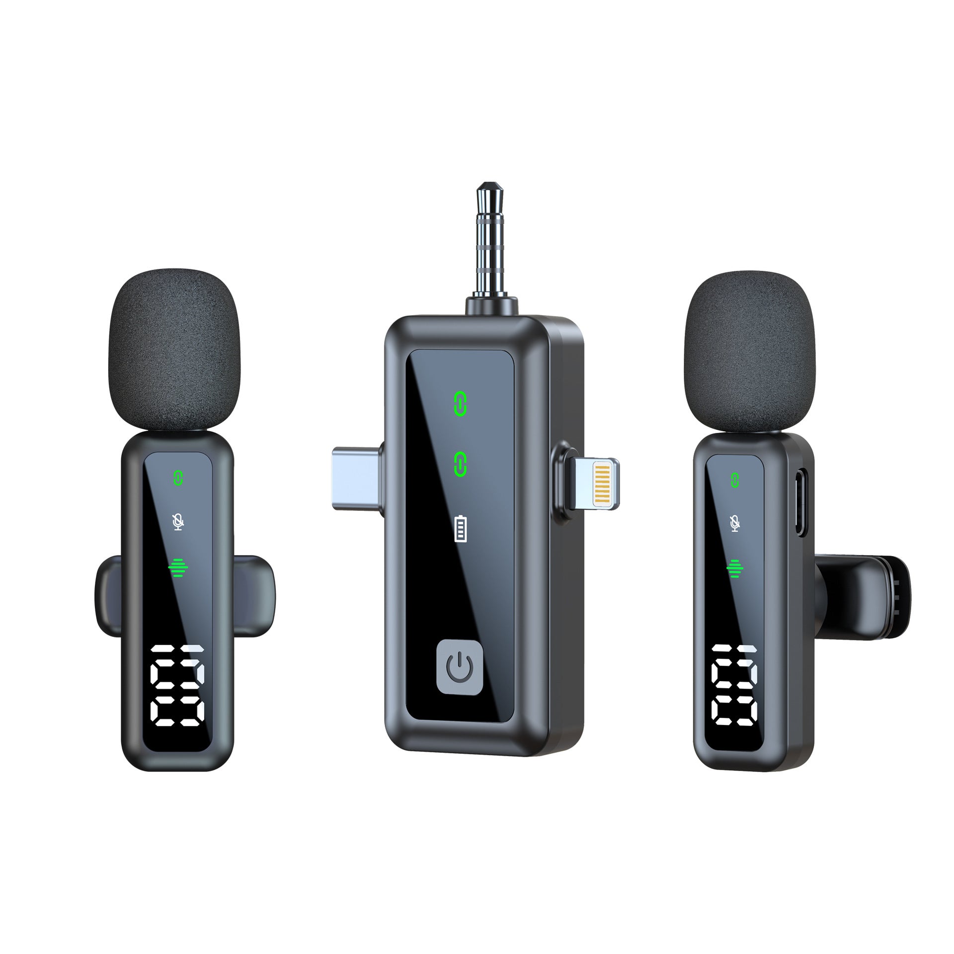 Dual Wireless Lavalier Microphone Kit | LED Display | 2 Clip-On Mics & 3-in-1 Receiver for iPhone Lightning, USB-C & 3.5mm | Fur Windscreen Vlog & Interview Set