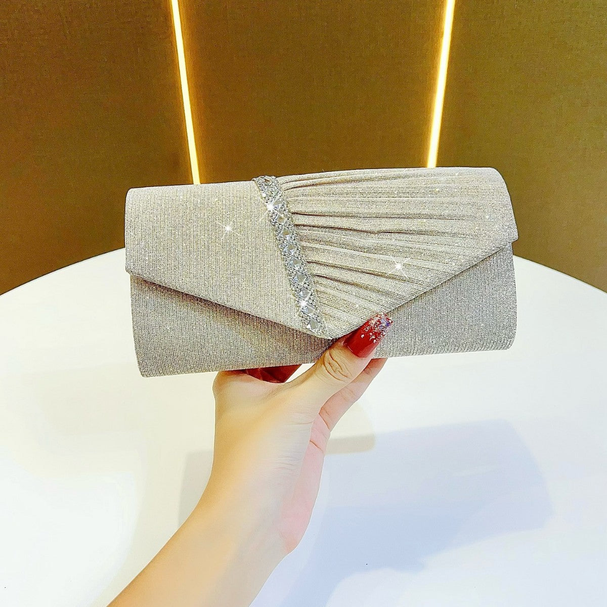 Silver Glitter Evening Clutch - Pleated Envelope Bag with Rhinestone Trim | Sparkly Formal Clutch for Weddings & Parties