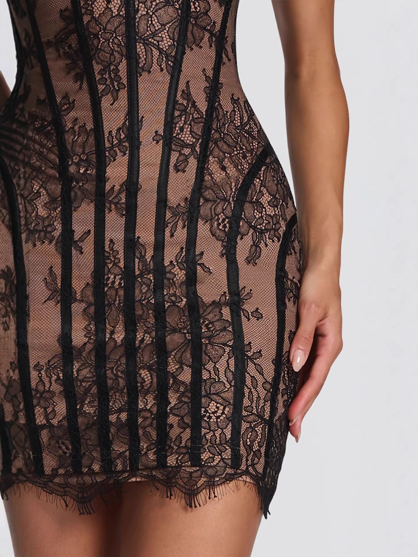 Burgundy Lace Corset Bodycon Dress | Strapless Sweetheart Sheer Lace Midi Dress | Women's Luxury Party & Evening Dress