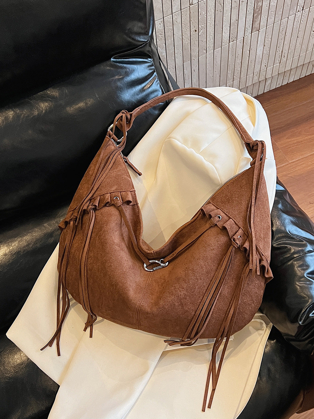 Brown Suede Fringe Hobo Bag - Bohemian Slouchy Shoulder Bag with Tassel Details | Western Style Hobo with Silver Hardware
