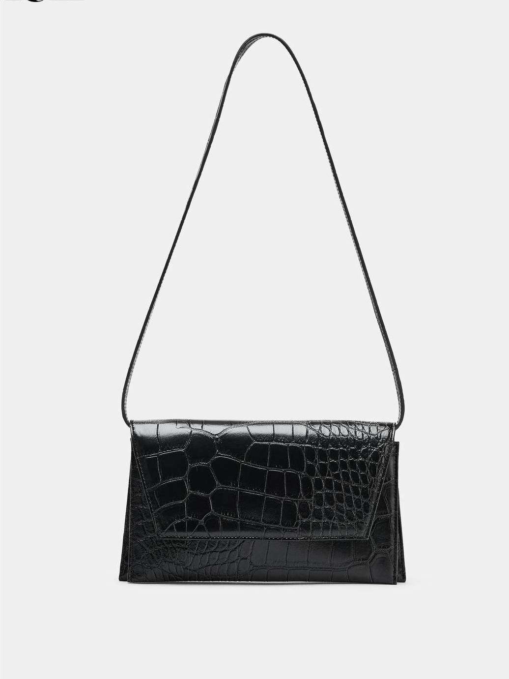 ZARA Black Croc Embossed Shoulder Bag - Glossy Crocodile Pattern Flap Bag | Minimalist Envelope Crossbody Purse