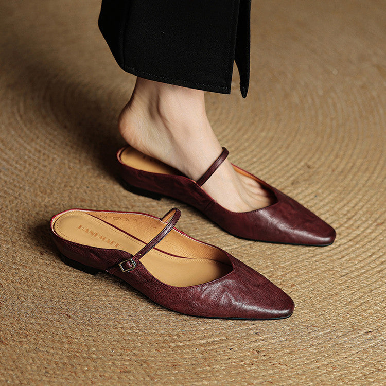 Handmade Leather Pointed Toe Mule Sandals for Women | Buckle Strap Flat Mules | Available in Black Beige Burgundy | Elegant Artisan Leather Flat Shoes | Luxury Handcrafted Mules