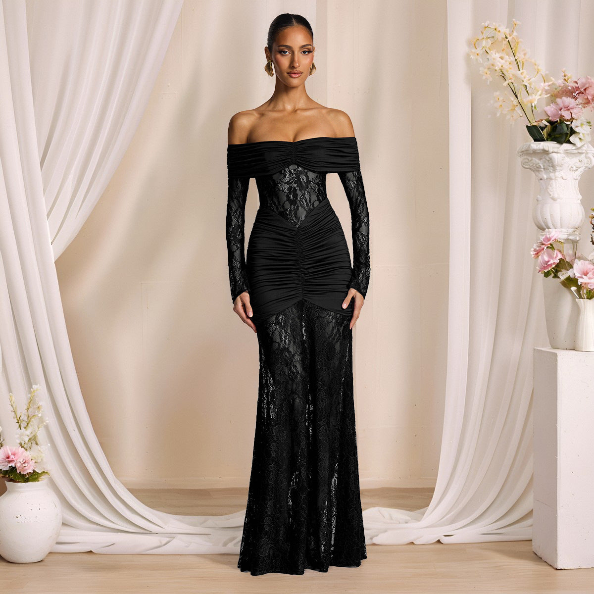 Black Off Shoulder Lace Maxi Dress - Long Sleeve Ruched Bodycon Mermaid Gown | Formal Evening & Wedding Guest Dress