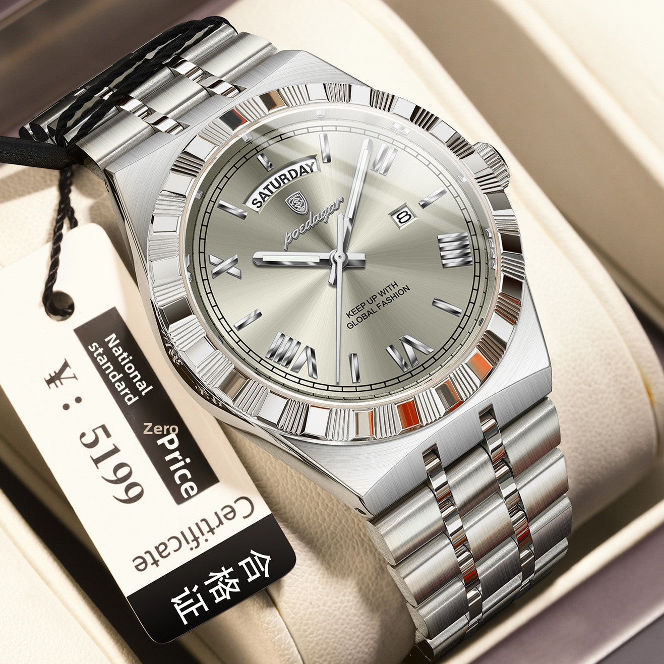 Poedagar Silver Stainless Steel Black Dial Luxury Watch | Day Date Roman Numeral Men's Dress Watch | Waterproof Quartz Wristwatch