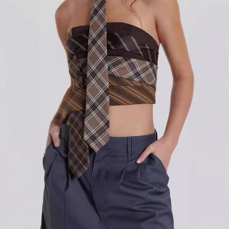 Brown Plaid Necktie Patchwork Crop Top | Y2K Upcycled Tie Bandeau | Women's Avant Garde Halter Corset Top