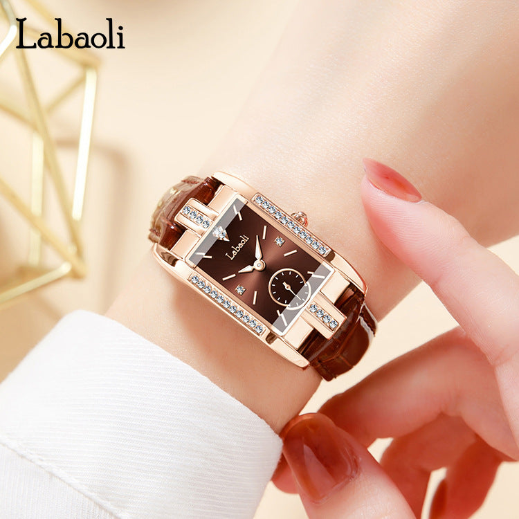 Labaoli Women's Rose Gold Rectangle Watch | Red Dial Crystal Lug Sub-Seconds Patent Leather Luxury Quartz Watch