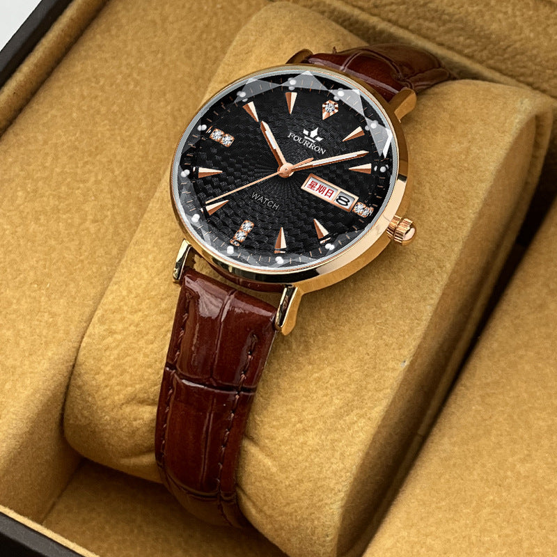 Fourron Rose Gold Mesh Women's Watch | White Dial Crystal Markers Day Date Display Elegant Quartz Timepiece