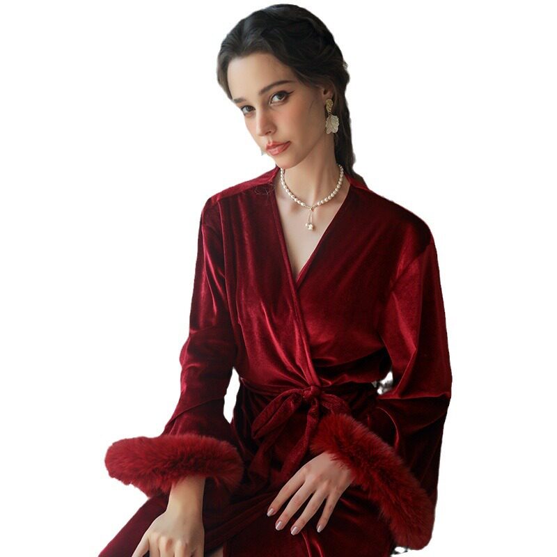 Burgundy Velvet Bridal Robe with Faux Fur Cuffs | Luxury Wedding Getting Ready Robe for Women ? Belted V-Neck Loungewear