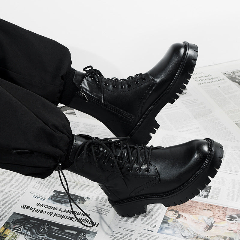 Black Combat Boots Men Women Lace Up Side Zip Platform Military Ankle Boots Matte Leather Tactical Boots