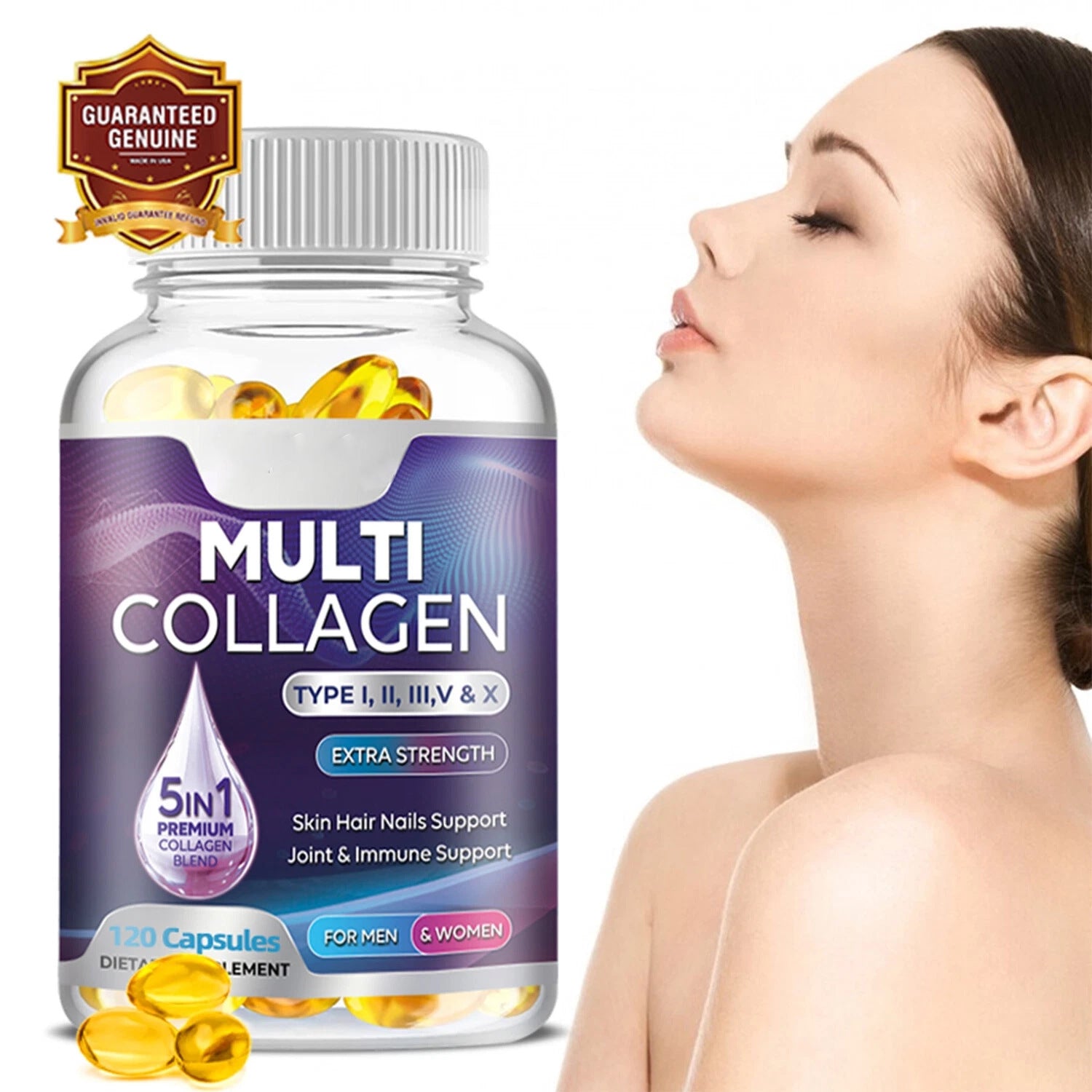 Multi Collagen Capsules Type I II III V & X | 5-in-1 Extra Strength 1800mg 120 Capsules Skin Hair Nails Joint & Immune Support for Men & Women