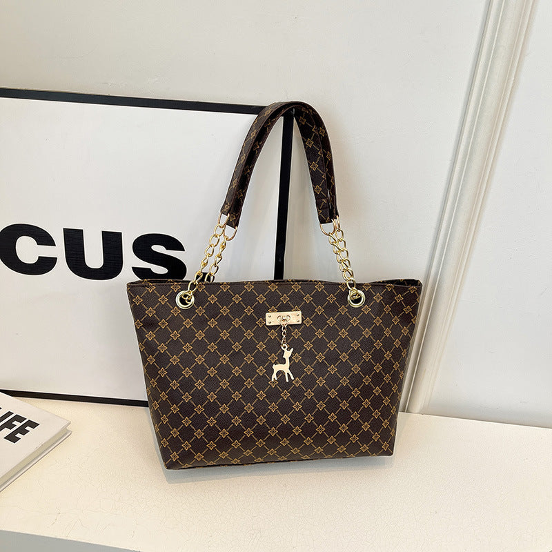 Black Monogram Pattern Chain Strap Tote Bag Gold Deer Charm Lock Detail Shoulder Bag | Women Luxury Designer Inspired Large Everyday Handbag Purse
