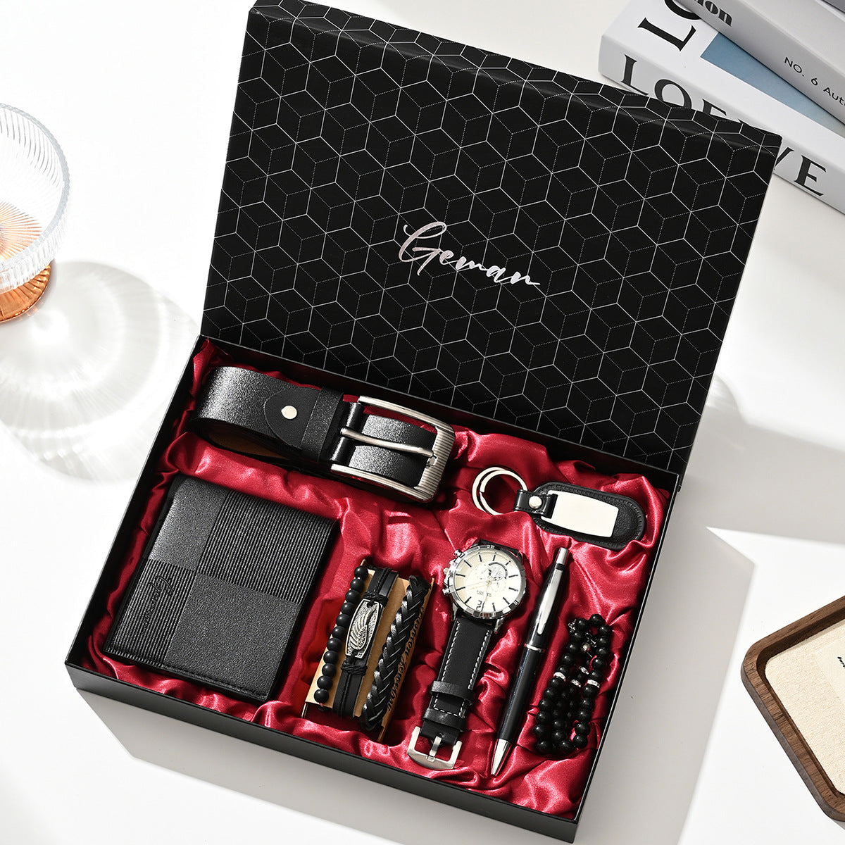 Geman Men's Luxury Gift Set – 6-Piece Black Leather Belt, Wallet, Watch, Bracelet, Keychain & Pen Box Set | Premium Men's Gift