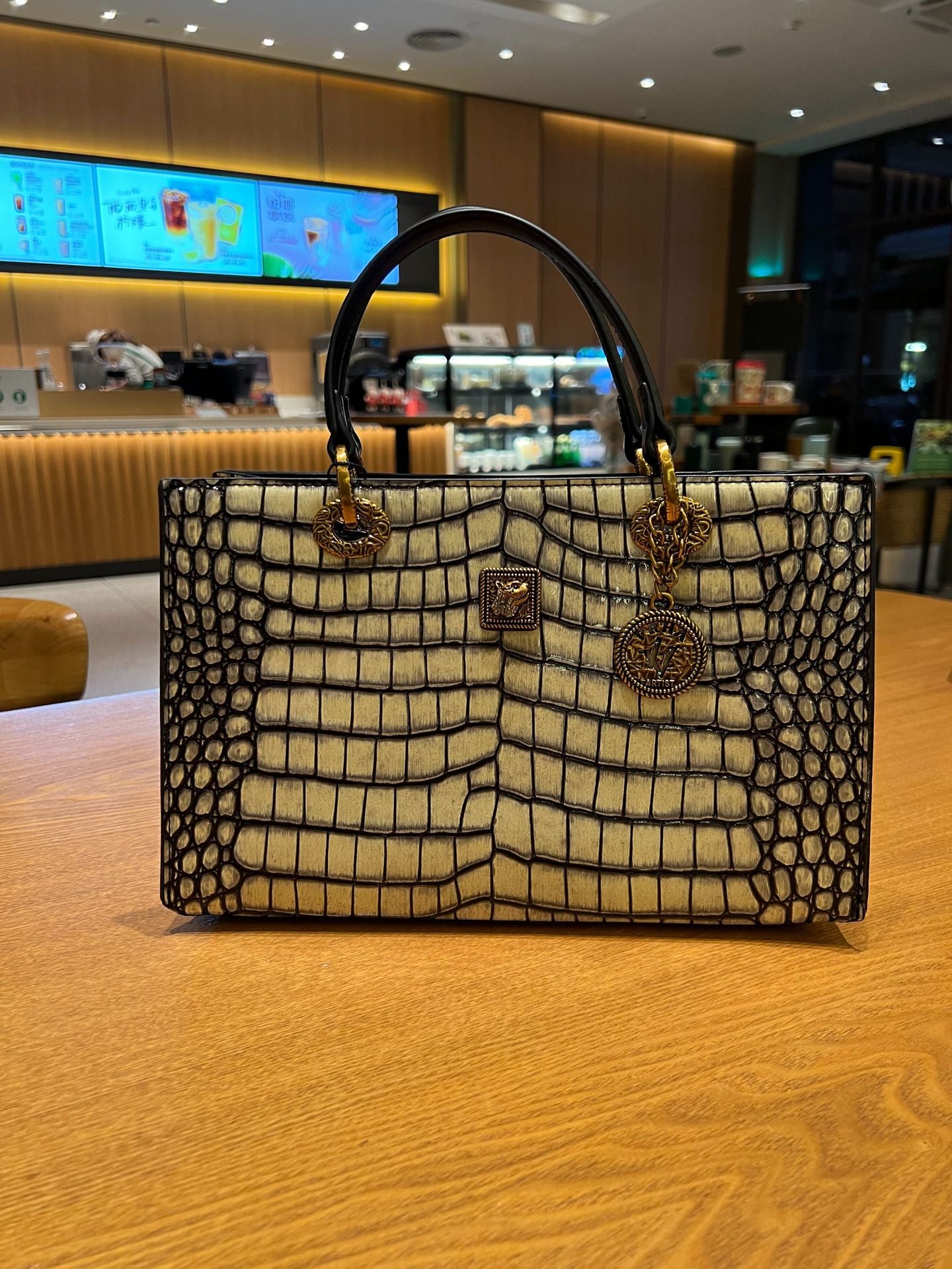 Crocodile Embossed Luxury Handbag Set - Gold & Bronze Tote Bags with Medallion Charms | Designer Style Structured Bags