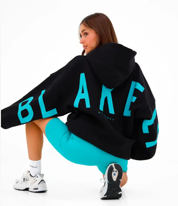 Blakey Originals Oversized Hoodie | Camel Tan Letter Print Pullover | Women's Streetwear Fleece Sweatshirt | Casual Aesthetic Fashion