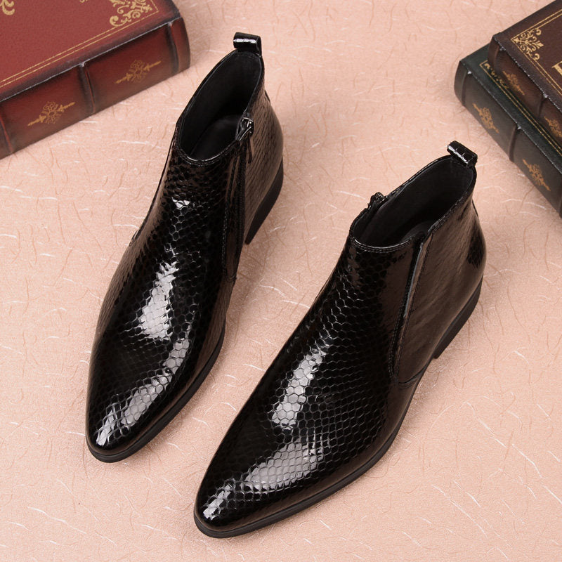 Men's Black Snakeskin Embossed Patent Leather Chelsea Boots