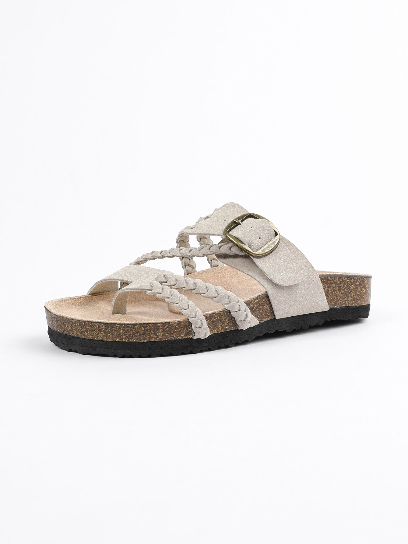 Cream Braided Strap Cork Footbed Sandals Gold Buckle Toe Post Flat Suede Sandal | Women Boho Summer Beach Casual Comfortable Everyday Fashion Sandals