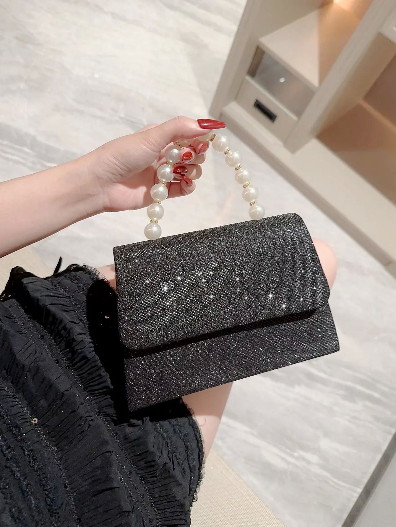 Silver Crystal Rhinestone Evening Clutch Bag with Pearl Handle - Women's Sparkly Wedding Party Purse - Elegant Formal Handbag for Prom, Bridal, Cocktail Events