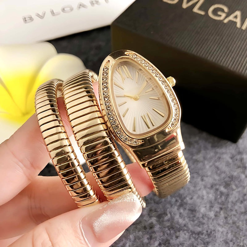 Gold Snake Coil Watch Women | Crystal Diamond Bezel | White Sunray Roman Dial | Serpenti Style Wrap Bracelet Luxury Watch