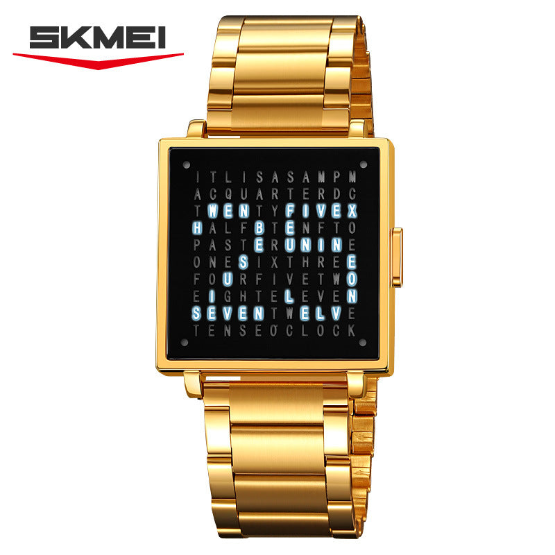 SKMEI Word Clock Watch | Unique Text Display Square Dial Leather Strap | Creative Novelty Quartz Watch for Men & Women