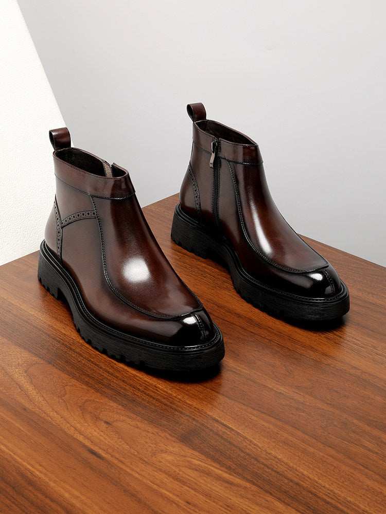 Men's Black Glossy Leather Platform Chelsea Ankle Boots | Luxury Zip-Up Thick Sole Dress Boots for Men