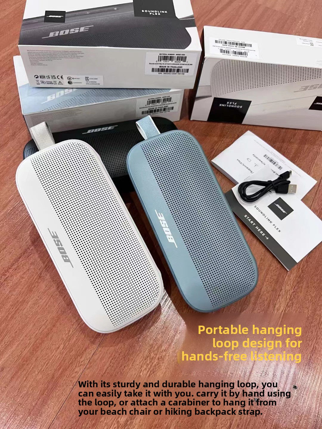 مكبر صوت بلوتوث محمول من Bose، لاسلكي، مقاوم للماء، تصميم صغير الحجم، حزام حمل، صوت ستيريو قوي، صوت جهير عميق، خيارات ألوان: أبيض وأزرق، مناسب للاستخدام الداخلي والخارجي، للسفر، الشاطئ، التخييم، متوافق مع أجهزة iPhone وAndroid 