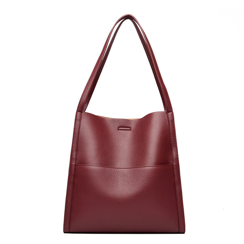 Black Leather Tote Bag with Front Slip Pocket | Minimalist Shoulder Bag