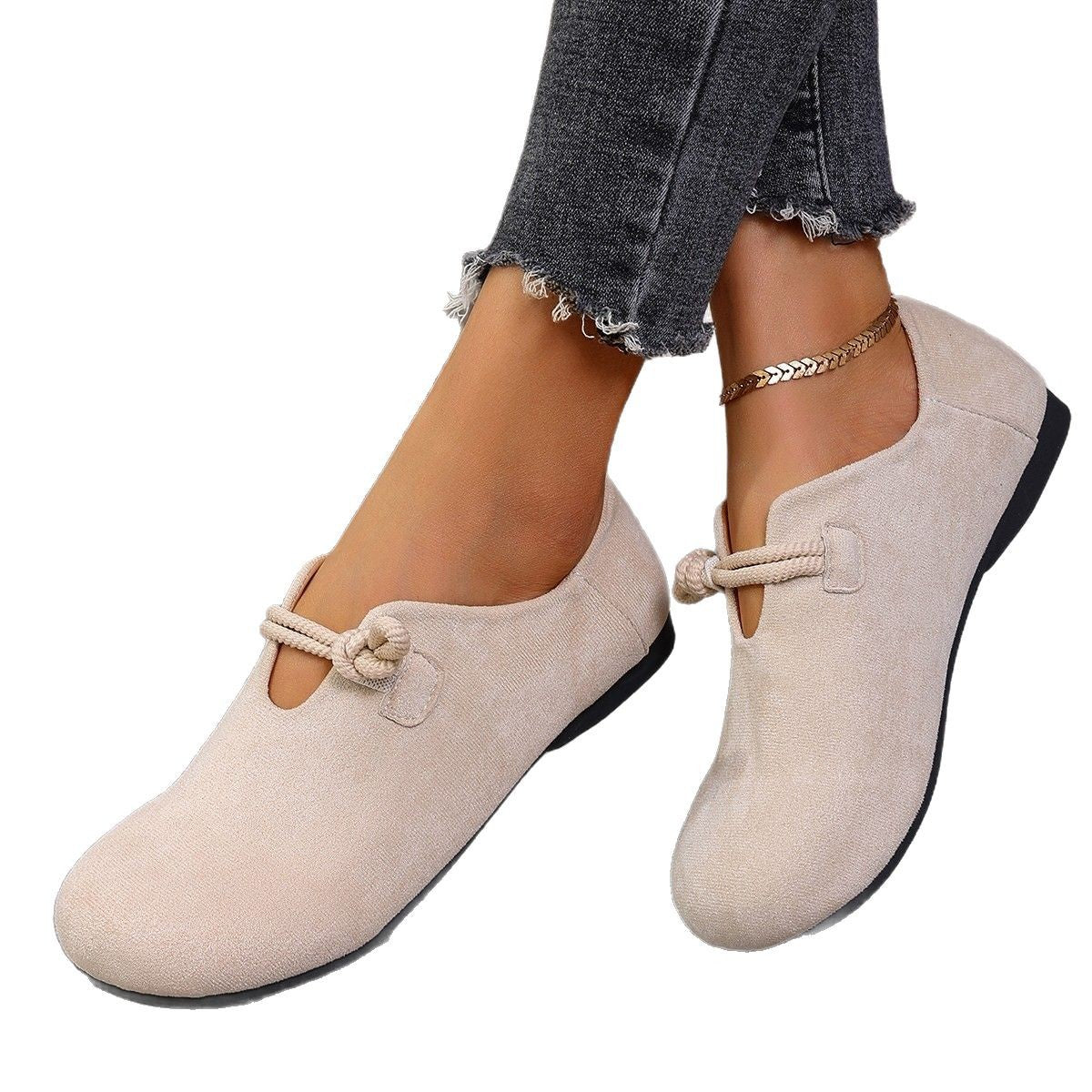 Women's Beige Suede Rope Knot Mary Jane Flats ? Minimalist Slip-On Round Toe Casual Shoes