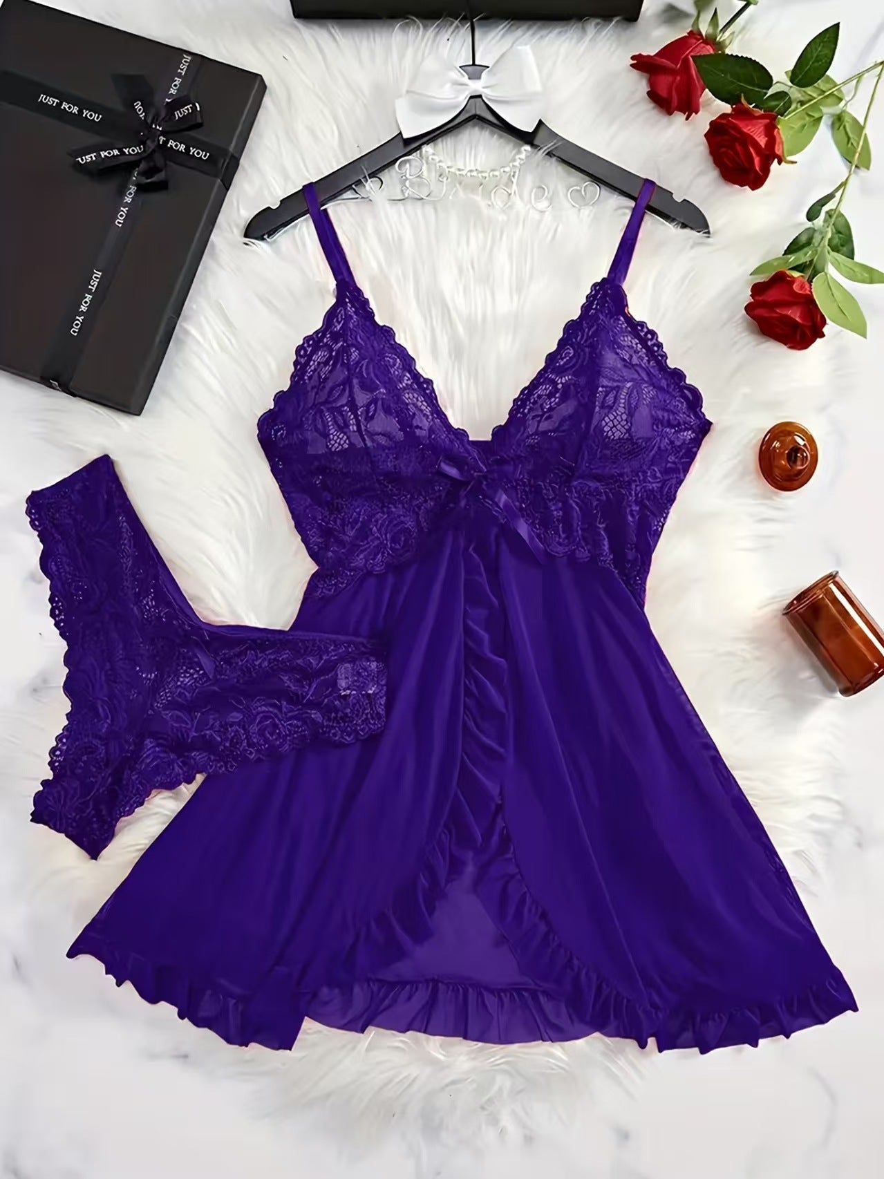 Women's Lace Babydoll Lingerie Dress Sexy Deep V Bow Front Sheer Mesh Mini Chemise Sleepwear 6 Colors