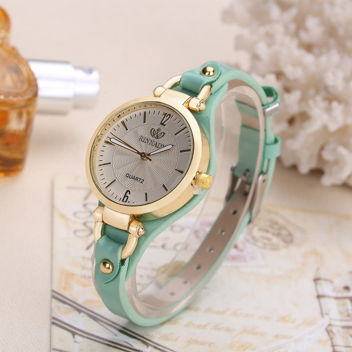 Brown Leather Wrap Watch Women | Gold Case Guilloche Dial | Thin Strap Stud Detail | Boho Vintage Quartz Dress Watch
