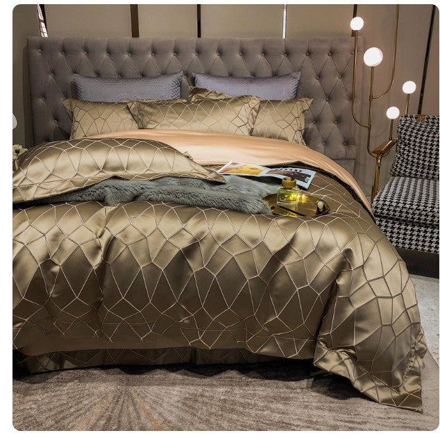 Luxury Black Gold Jacquard Satin Bedding Set, Silky Smooth Duvet Cover with Pillowcases for King Queen Bed