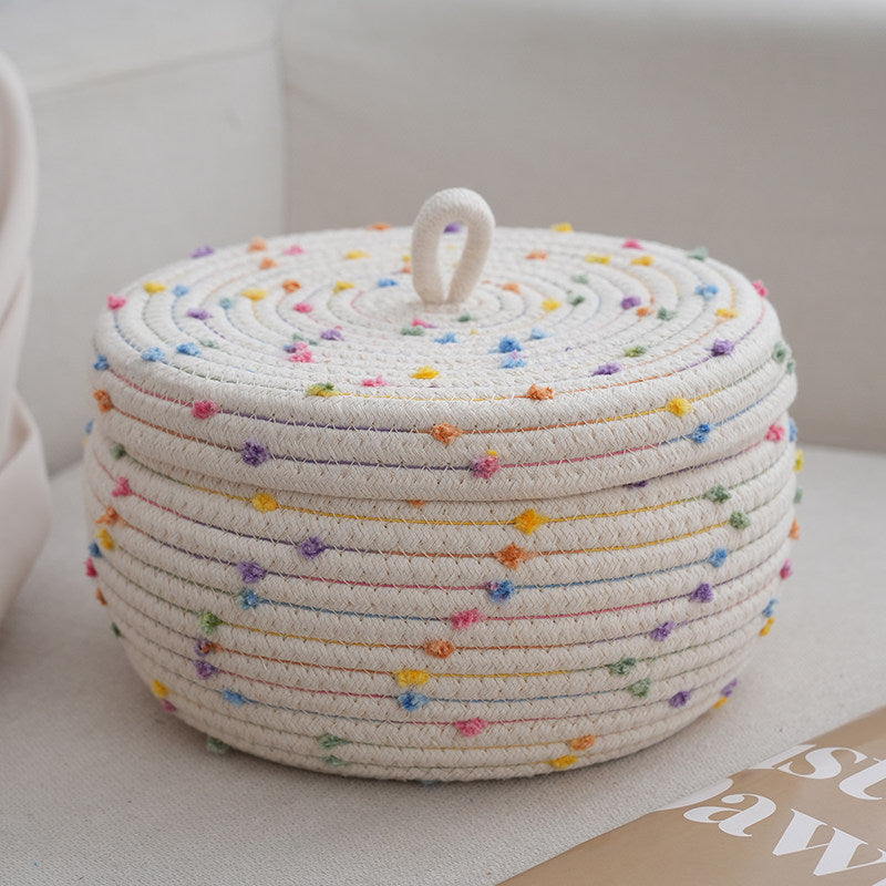 Woven Rope Storage Basket with Lid | Round Cotton Braided Organizer Box | Boho Desk Bathroom Bedroom Basket Beige