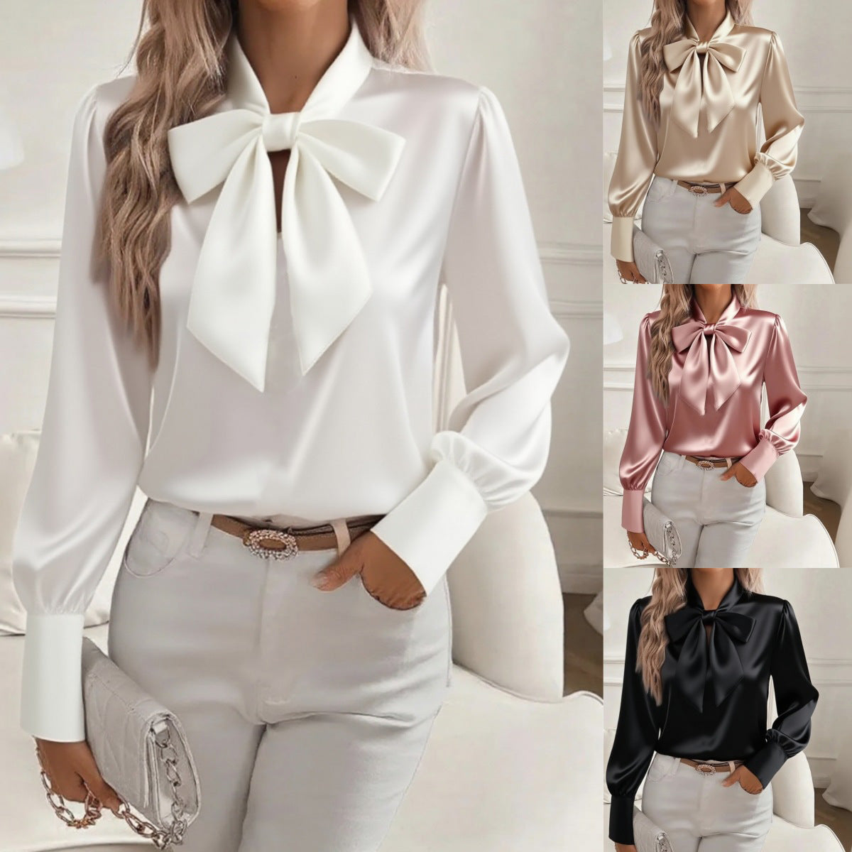 Womens Black Satin Bow Tie Neck Blouse Elegant Long Sleeve Puff Shoulder Silk Like Top for Office Work Party and Formal Occasions
