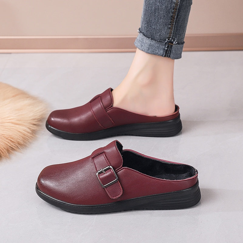 Schwarze, fleecegefütterte Damen-Clogs mit Schnalle – extra dicke, warme Winterschuhe zum Hineinschlüpfen 