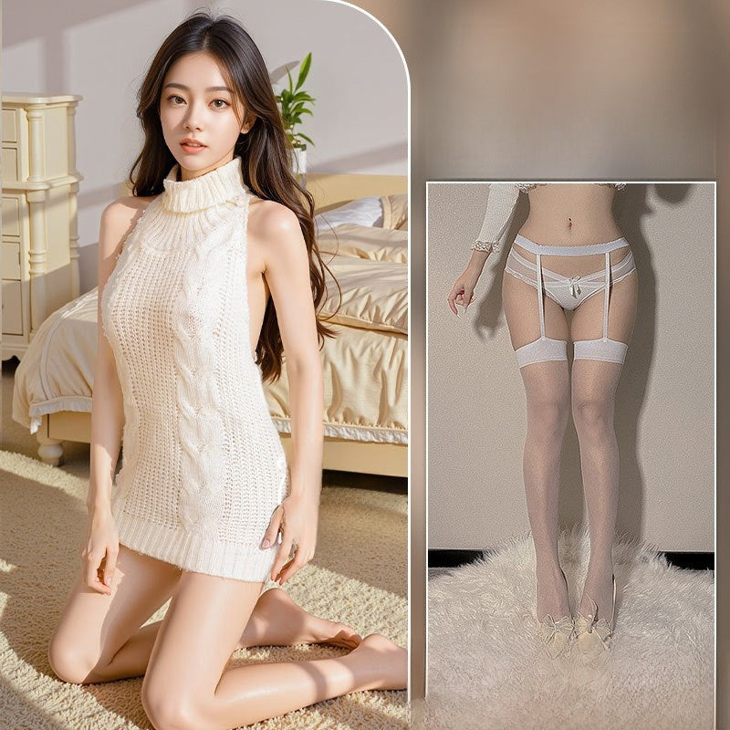 Weißes Zopfstrick-Neckholderkleid & Strumpfhalter-Set | 2-teilige Loungewear | Sexy Mini-Strickkleid mit Rollkragen 